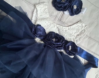 Navy Flower Girl Dress: White Lace Top, Tulle Tutu, Birthday Party