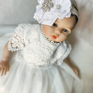 Baptism headband Baby Girl White headband , Satin Rosettes newborn infants rhinestones headbands. image 3