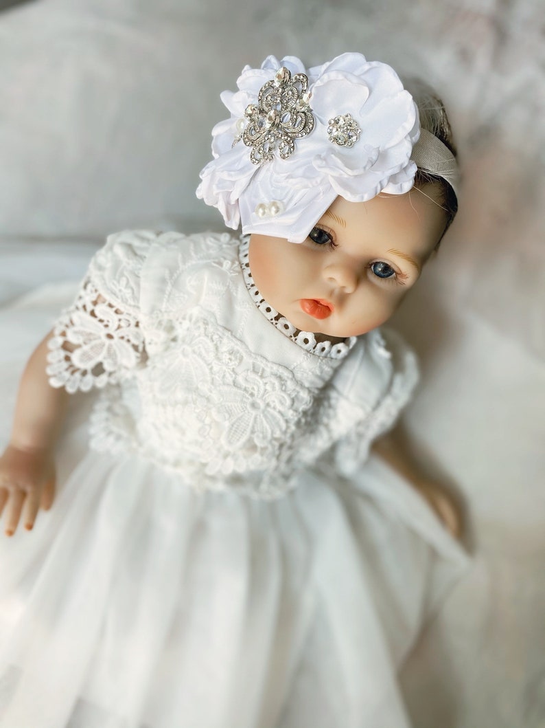 Baptism headband Baby Girl White headband , Satin Rosettes newborn infants rhinestones headbands. image 3