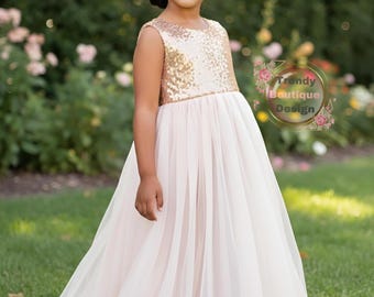 スパンコールフラワーガールドレス：ピンクチュールウェディングパーティーガウン