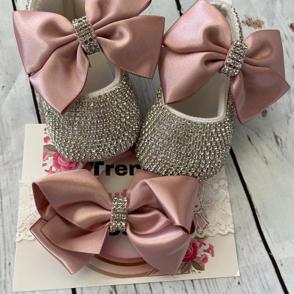 Baby girl shoes and headband set Custom silver rhinestones mauve , dusty pink baby shoes,Newborn Baby Girl Luxury  gift set