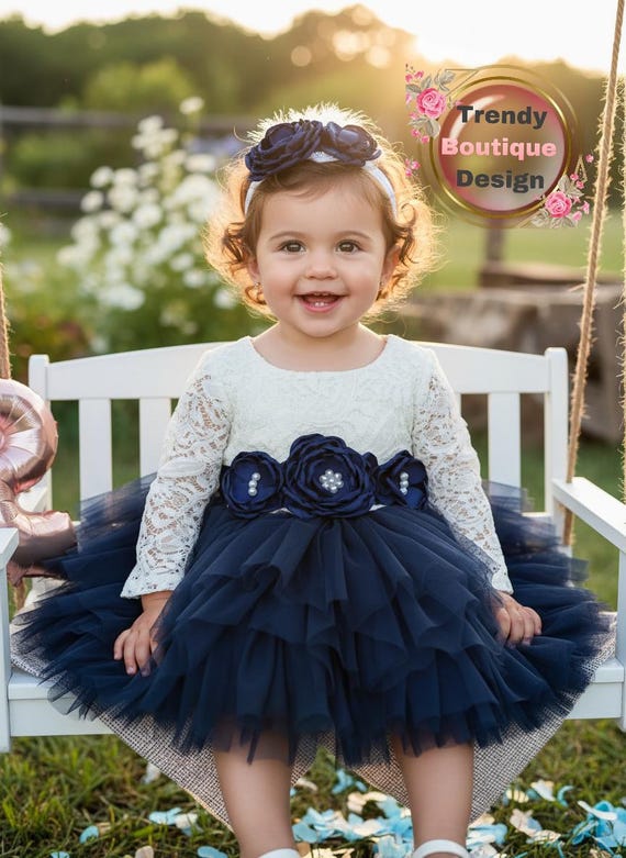 Navy Tulle Flower Girl Dress: White Lace Top, Holiday Party Dress Navy Tulle Flower Girl Dress: White Lace Top, Holiday Party Dress