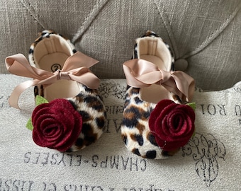 Leopard Baby Booties: Burgundy Rose Crib Shoes