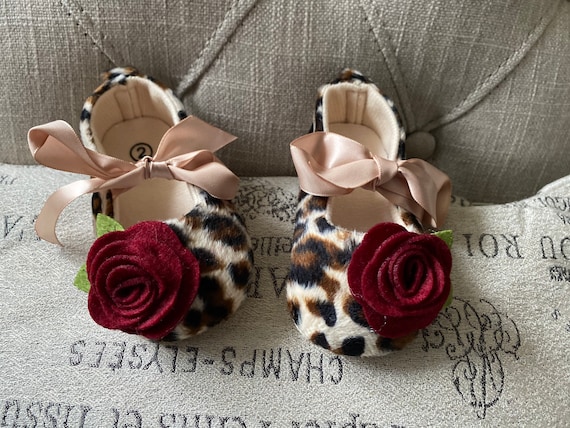 Leopard Baby Booties: Burgundy Rose Crib Shoes