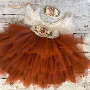 Flower girl dress, burnt orange  dress, lace top, baby toddler dress, tulle tutu flower girl dress, 1st birthday dress