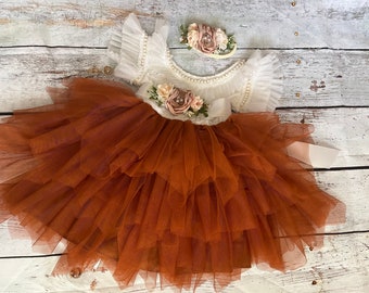 Flower girl dress, burnt orange  dress, lace top, baby toddler dress, tulle tutu flower girl dress, 1st birthday dress