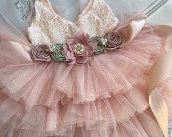 Blush Flower girl dress, birthday party dress, ,Baby toddler dress, tulle tutu flower girl dress, mauve flower sash dress