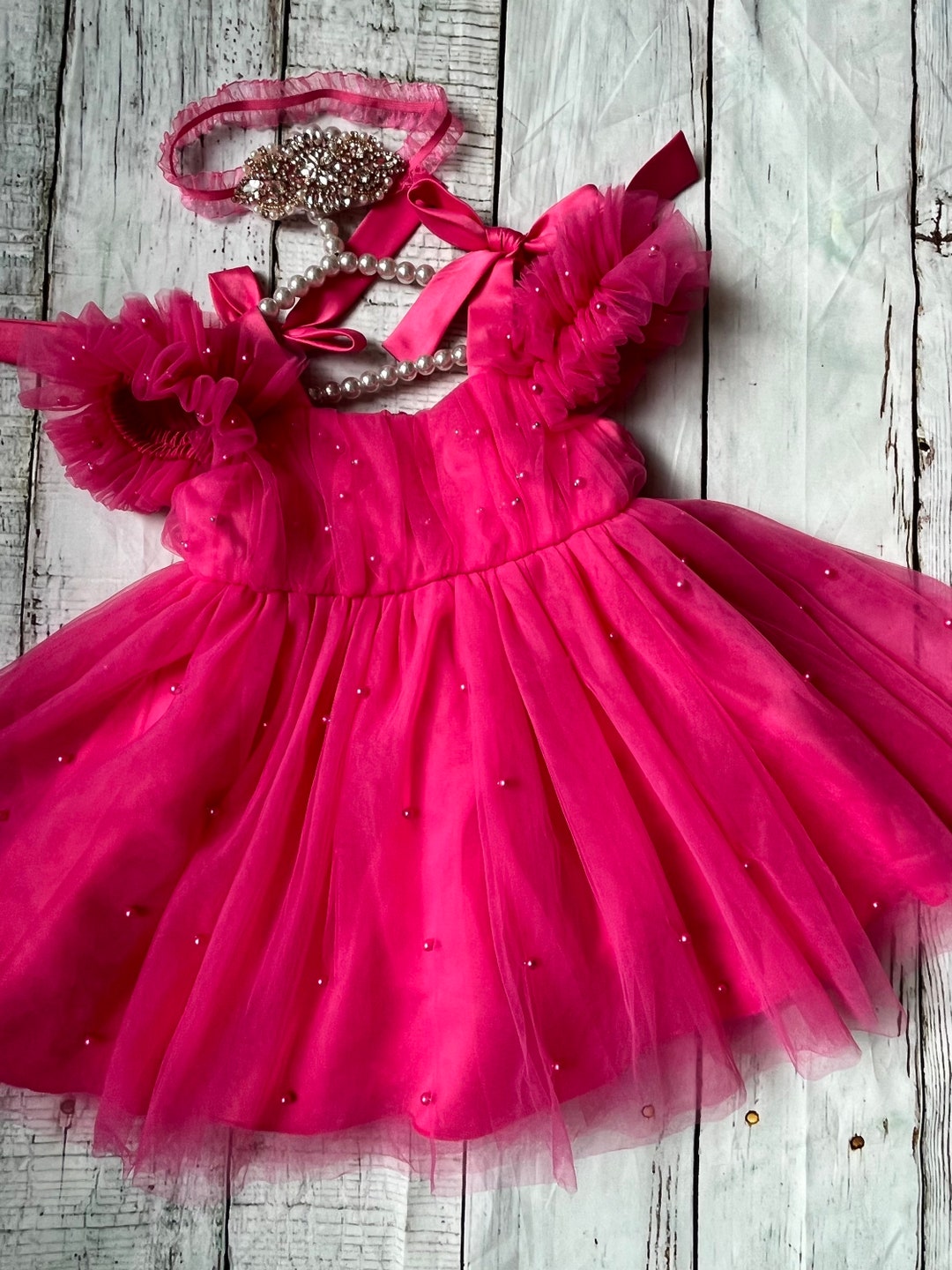 Hot Pink Bright Color Flower Girl Dress, First Birthday Outfit, Cake Smash Pictures , Toddler