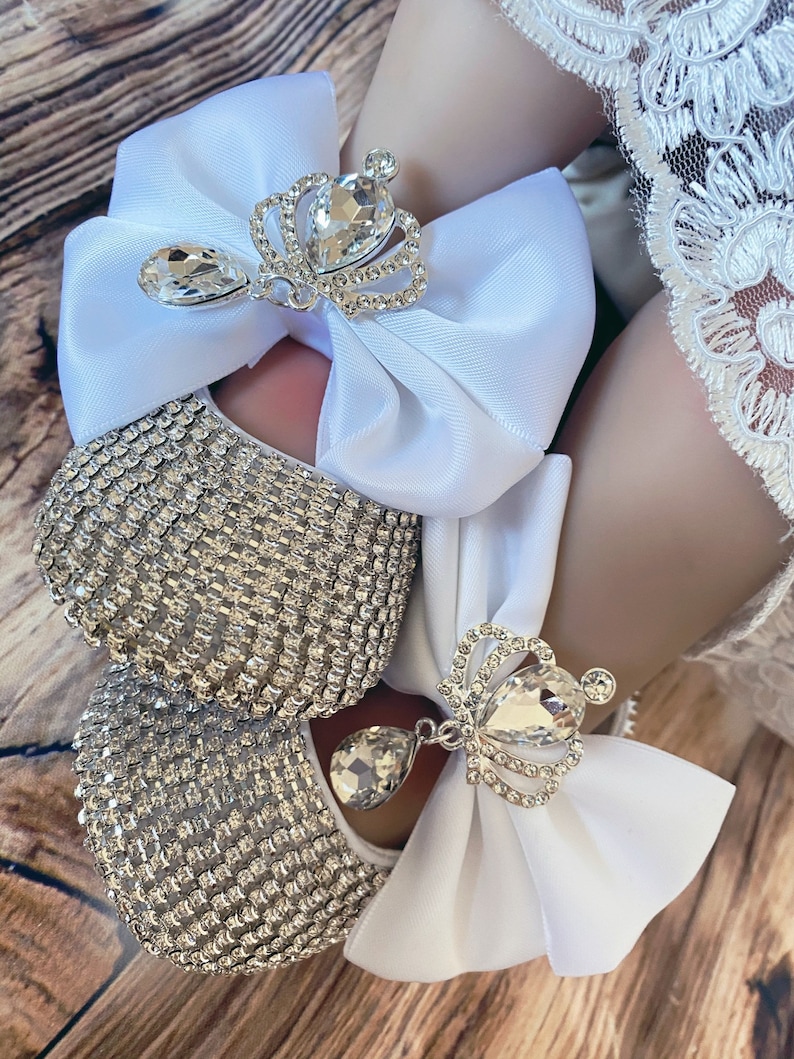 Baby girl shoes and headband set Custom rhinestones white baby shoes,Newborn Baby christenings shoes gift set afbeelding 1