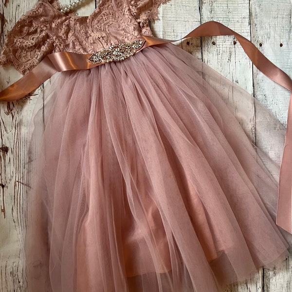 Dark dusty pink flower girl dress,  Lace top,Baby  toddler dress,tulle tutu flower girl dress, holiday dress