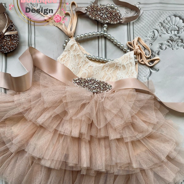 Champagne  Flower girl dress,  Lace top,Baby  toddler dress,tulle tutu flower girl dress, holiday dress