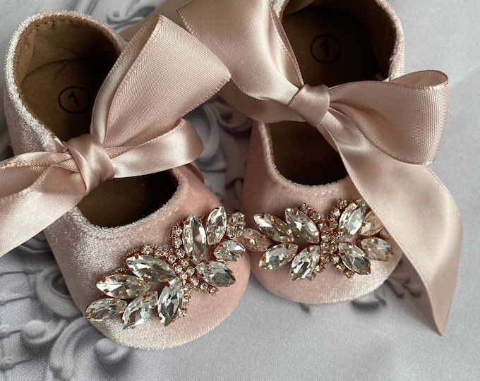 Infants Gift Baby Pink Velvet Shoes, Rose Gold Rhinestone Bow