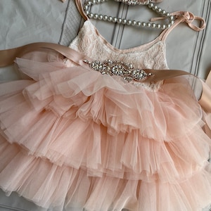 Pink/ peach blush  Flower girl dress,  Lace top,Baby  toddler dress,tulle tutu flower girl dress, holiday dress