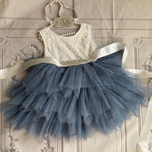 Dusty blue flower girl dress, lace top, baby toddler dress, tulle tutu flower girl dress, holiday dress