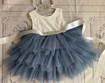 Dusty blue flower girl dress, lace top, baby toddler dress, tulle tutu flower girl dress, holiday dress