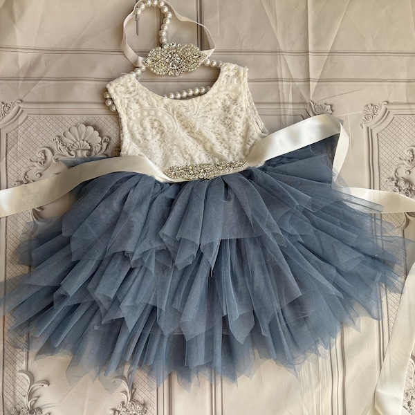 Robe de demoiselle d'honneur bleu poudré, haut en dentelle, robe de bébé enfant en bas âge, robe de demoiselle d'honneur tutu en tulle, robe de vacances