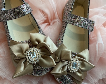 Gold Glitter Ballet Flats: Rhinestone Bow Flower Girl Shoes