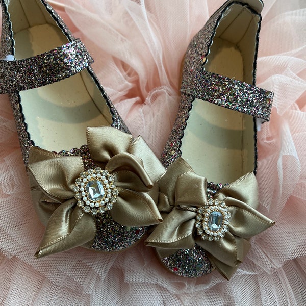 Girl shoes, gold glitter shoes. Baby Girls flower girl  Shoes Ballet Flat MaryJane Wedding, 1st birthday  Party Dress Shoes For Girls