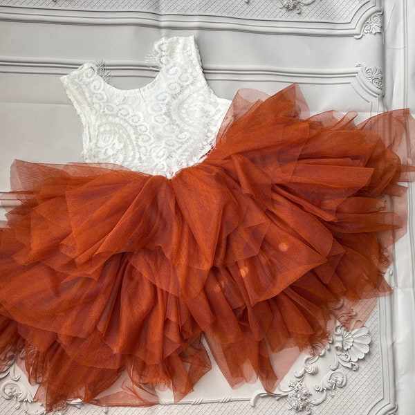 Burnt orange flower girl dress,  Lace top,Baby  toddler dress,tulle tutu flower girl dress, holiday dress