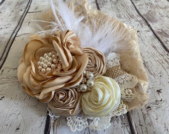 Couture headband ,Ivory /tan  satin rosette, lace headband , infants rhinestones headbands.