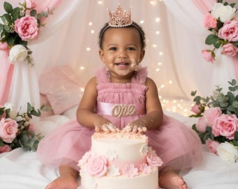Dammig rosa 1-års födelsedagsklänning Tutu, Cake Smash-outfit (12-18 månader)