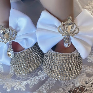 Baby girl shoes and headband set Custom rhinestones white baby shoes,Newborn Baby christenings shoes gift set afbeelding 6
