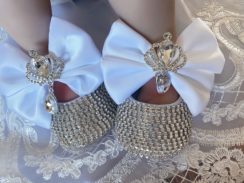 Baby girl shoes and headband set Custom rhinestones white baby shoes,Newborn Baby christenings shoes gift set afbeelding 6