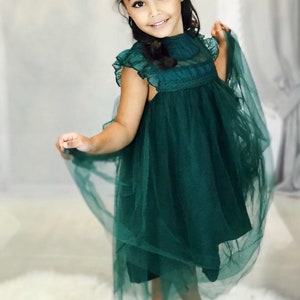 Hunter green lace  dress,baby girl  dress ,flower girl lace,tulle  romantic  dress,