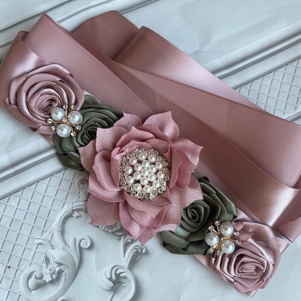 Dusty and green Flower sash , satin flower belt, flower girl bridal accessories .