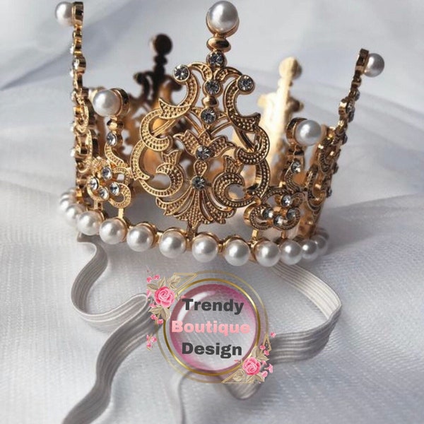 Gold Rhinestone Baby Crown Headband: Pearl Tiara Photo Prop