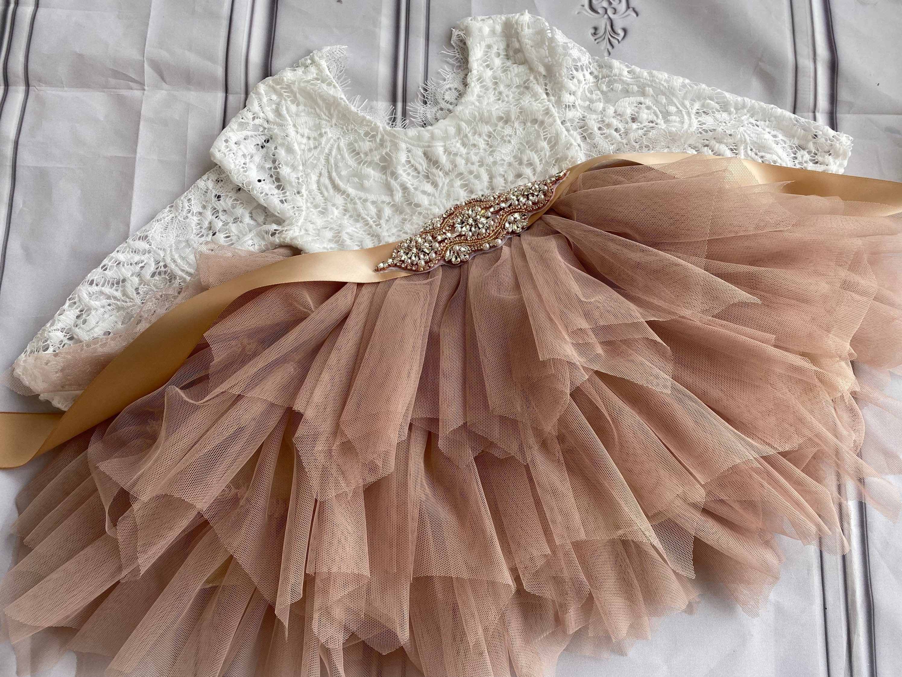 Lace Flower Girl Dress: Coffee Tulle Tutu, Rose Gold Sash - Etsy