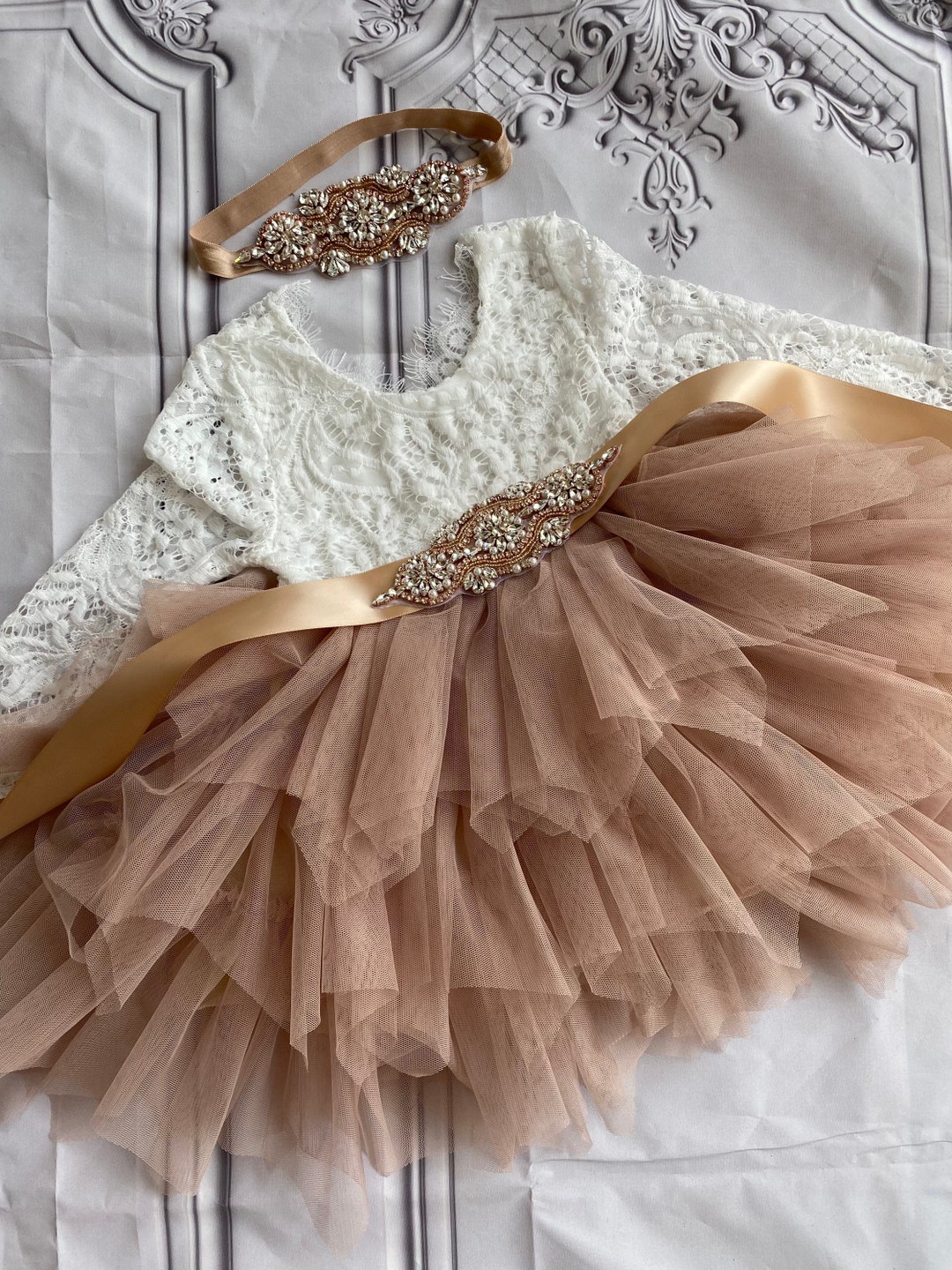 Flower Girl Dress, White Lace Top, Tan Skirt Baby Toddler