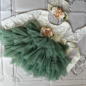 Sage green flower girl dress,  Lace tulle dress , 1er Birthday dress,  toddler dress,tulle tutu flower girl dress,flower belt  sash