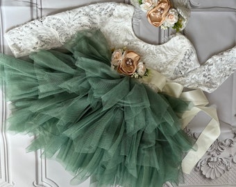 Sage green flower girl dress,  Lace tulle dress , 1er Birthday dress,  toddler dress,tulle tutu flower girl dress,flower belt  sash