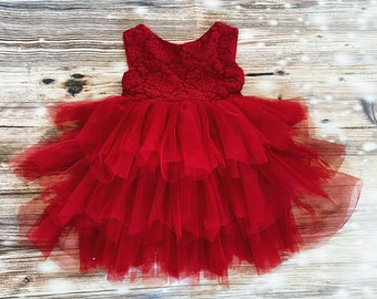 Red lace tulle  dress,Holiday party dress, Christmas photo dress,little  Girl Christmas Dress,