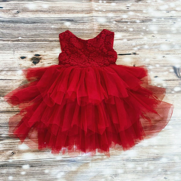 Red lace tulle  dress,Holiday party dress, Christmas photo dress,little  Girl Christmas Dress,