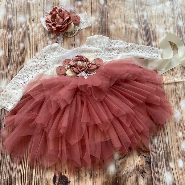 Dark dusty pink Flower girl dress,  long sleeves Lace top,Baby  toddler dress,tulle tutu flower girl dress, 1ers Birthday dress