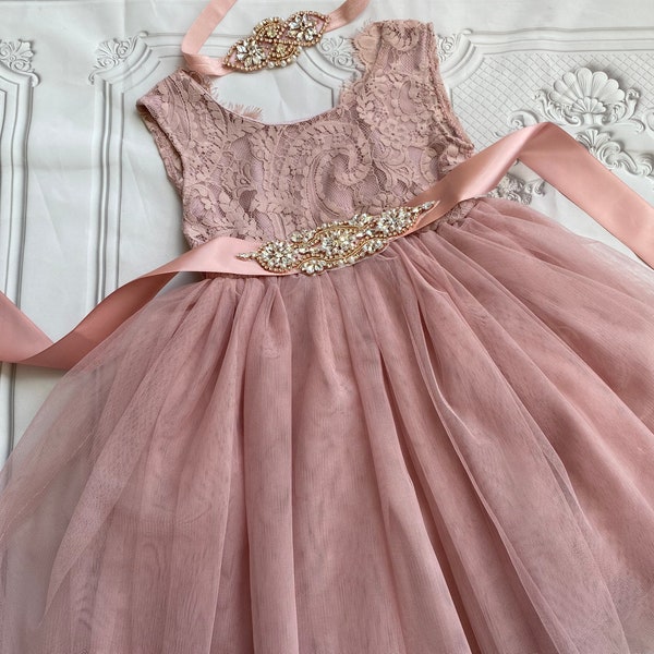 Dark dusty pink flower girl dress,  Lace top,Baby  toddler dress,tulle tutu flower girl dress, holiday dress