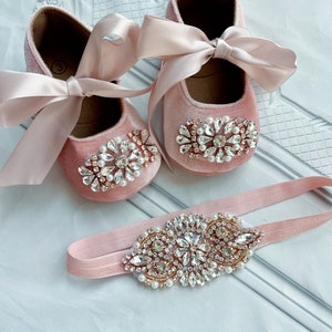 Dusty Pink Baby Shoes & Headband Set: Rose Gold Rhinestone Crib Shoes
