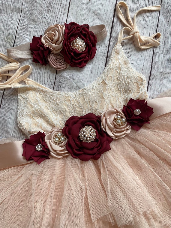 champagne and burgundy flower girl dresses