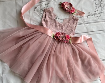 Abito da damigella d'onore in pizzo rosa antico: abito da festa in tulle e tutù