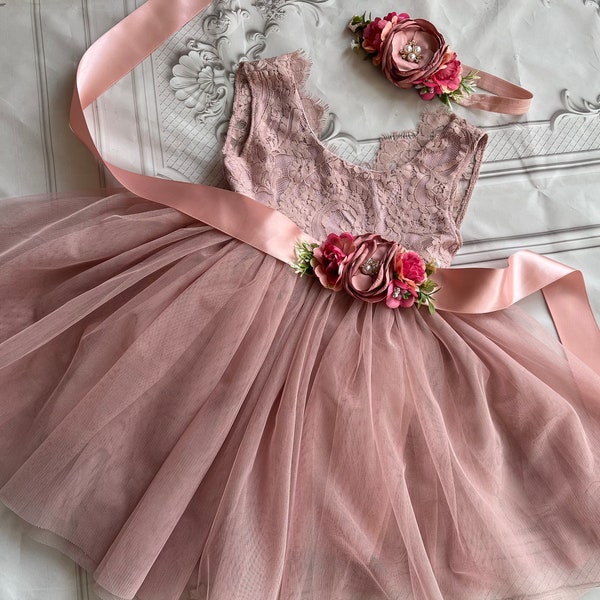 Dark dusty pink flower girl dress,  Lace top,Baby  toddler dress,tulle tutu flower girl dress, holiday dress