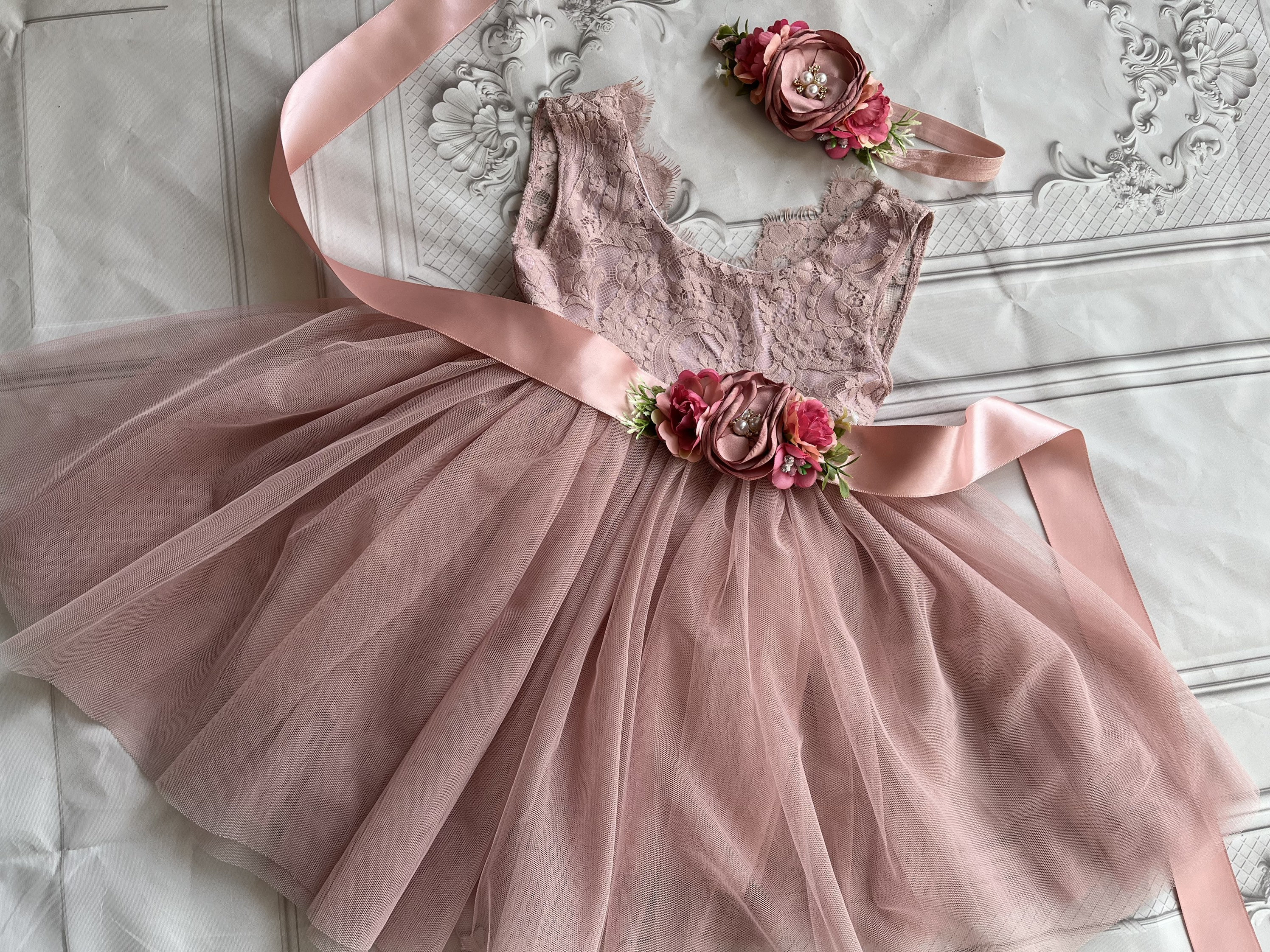 sachin and babi light blue dress Girls Beaded Short Ruffled V-Neck Dress 5081 12 / Dusty Pink main image 1