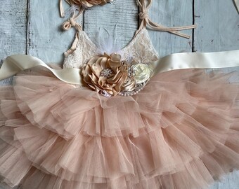 Champagner Blumenmädchen Kleid: Spitzen Top Tüll Tutu, Geburtstagsparty