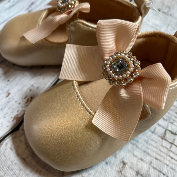 Tan-Champagne baby girl shoes,crib shoes,1er birthday  party wedding, baby shoes rhinestones shoes  baby girl girl gift.