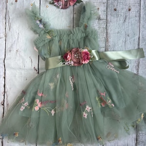 Sage Green 1st Birthday Tutu Dress: Embroidered Lace Cake Smash Outfit