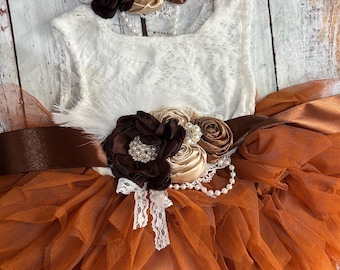 Burn Orange Tulle Flower Girl Dress: Lace Top Birthday Dress