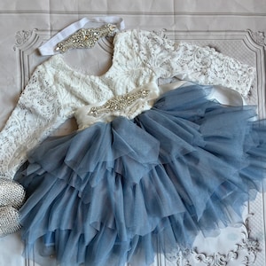 Dusty Blue Tulle Tutu Dress: Lace Top Flower Girl Dress