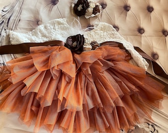 May include: A brown tulle tutu skirt with a white lace top and a brown satin ribbon. The skirt has multiple layers of tulle and is decorated with a brown flower.