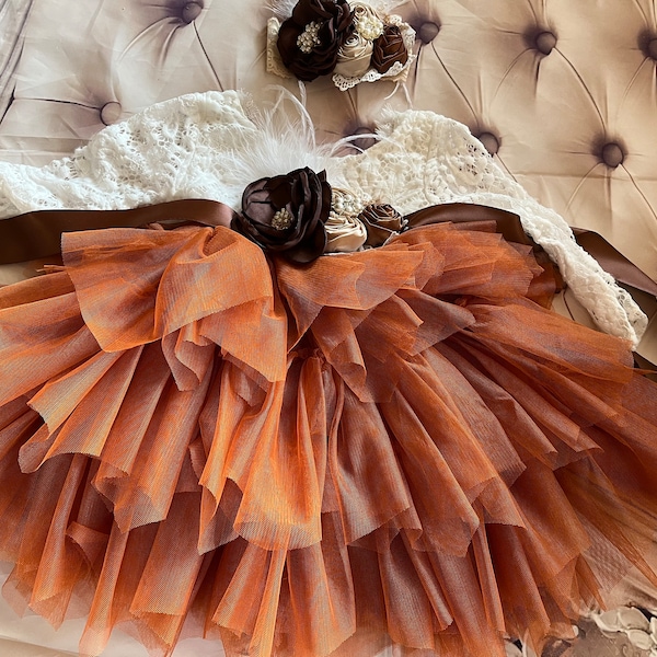 Robe de fille de fleur orange brûlé, haut en dentelle à manches longues, robe pour tout-petit bébé, robe de fille de fleur tutu en tulle, robe d'anniversaire 1ers